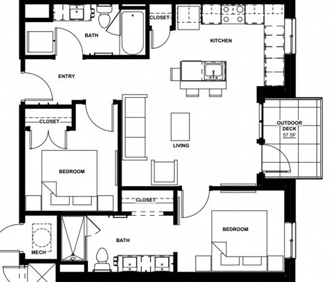 Floor plan for 2 beds, 2 baths, 906 sqft